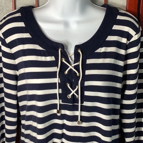 Jones New York Tops - Jones NY XL Striped Top 100% Cotton Navy Blue & White Lace Up Shirt Blouse
